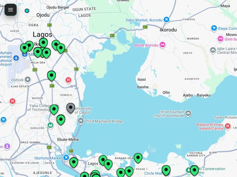Live map of Vhcles Grid charging locations across Lagos