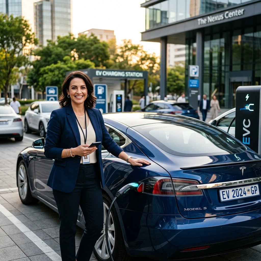 Woman smiling next to an electric car charger